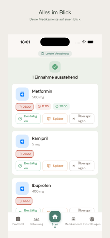 mema App — Startbildschirm mit Tagesübersicht